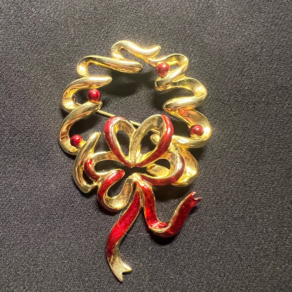 Gold and Red Ribbon Brooch